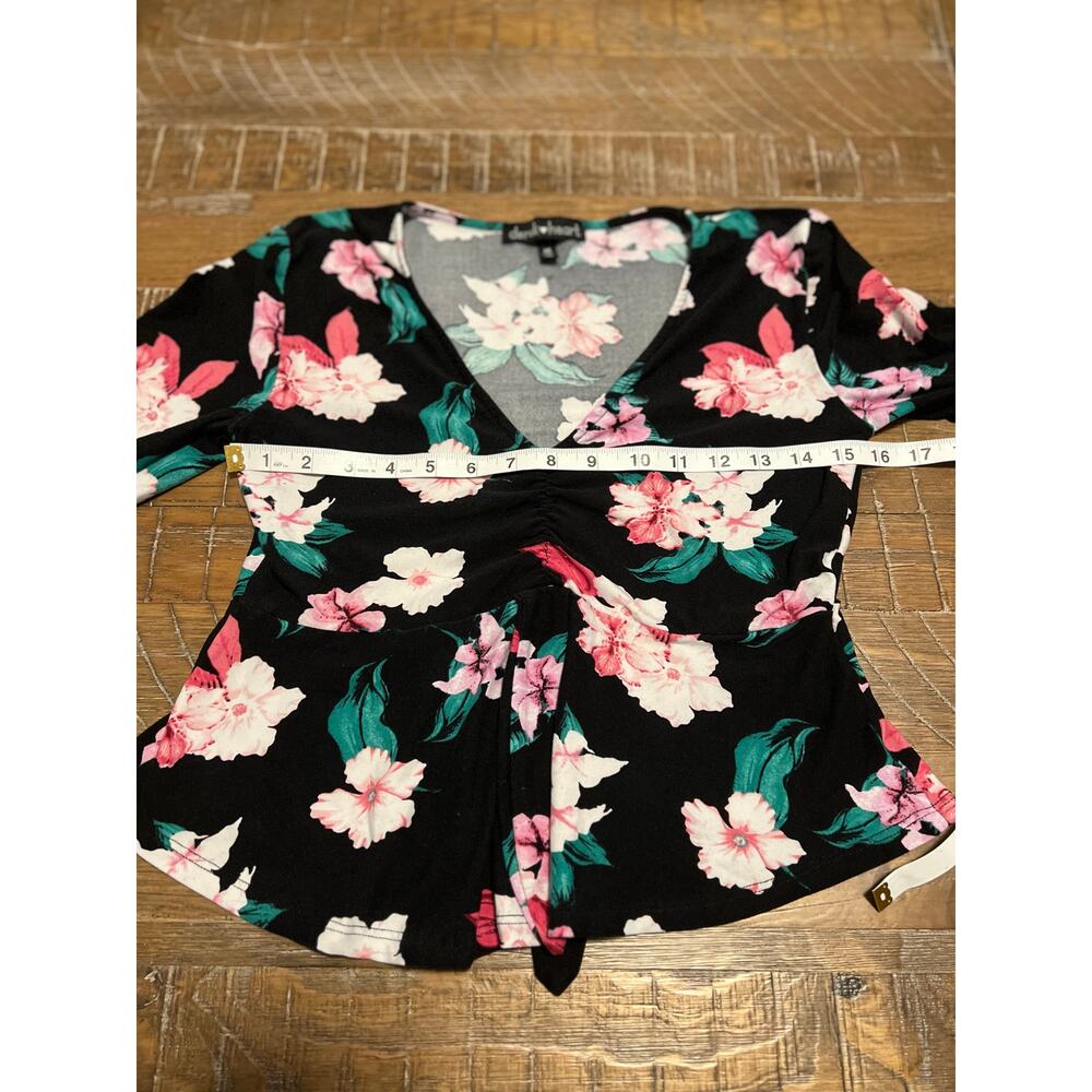Derek Heart Floral Print Blouse Size Medium Peplum V-Neck Top Flared Bell Sleeve - Picture 3 of 7